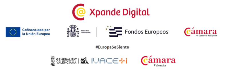 Logotipos de Xpande Digital, Unión Europea, Ministerio de Hacienda, Fondos Europeos, Cámara de Comercio de España, Generalitat Valenciana e IVACE+i, y Cámara Valencia